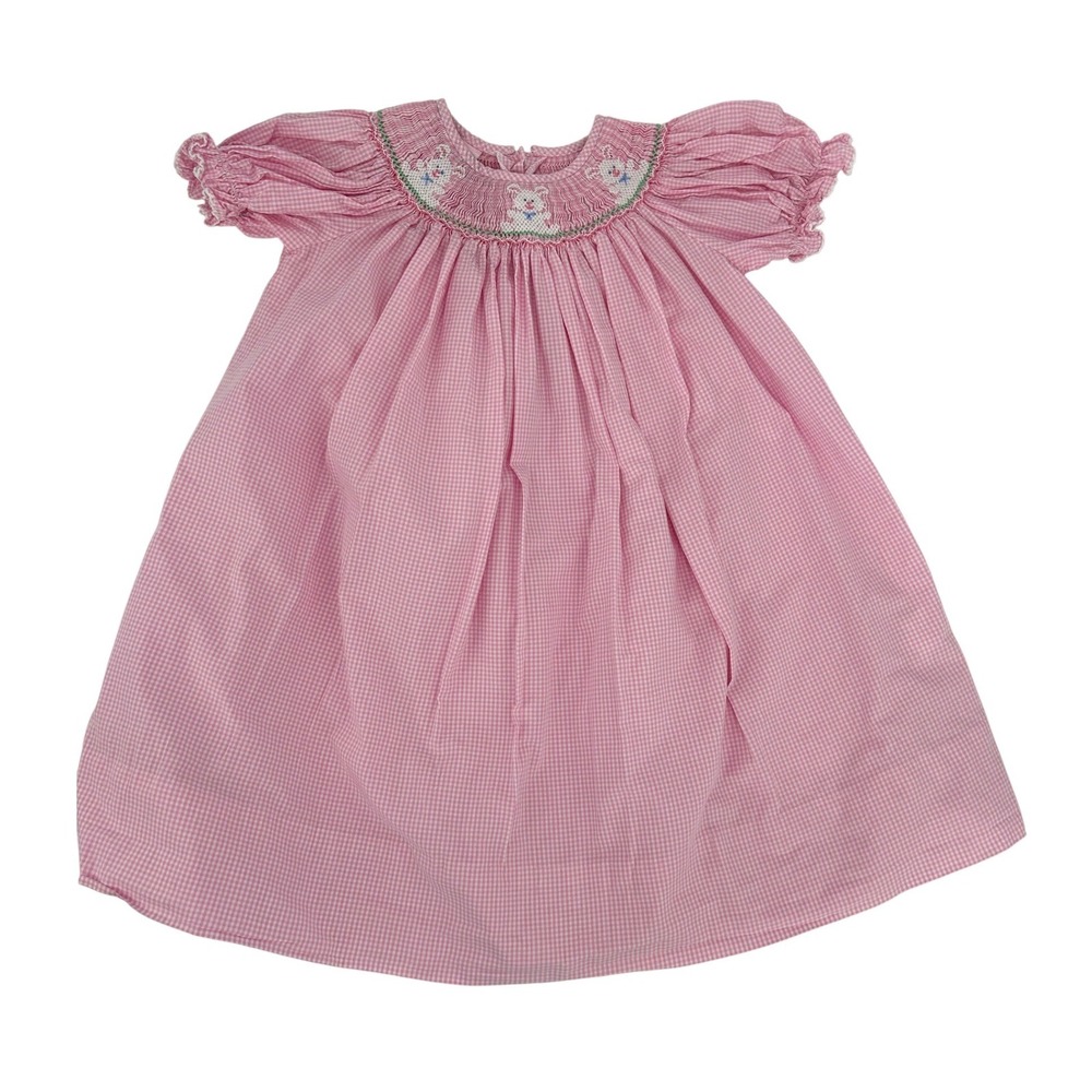 Petit Bebe Girls Pink Gingham Smocked Bunny Easter Bishop Dress Size 2